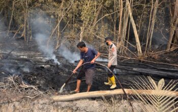 Respons Cepat Laporan 110, Polsek Batang Hari Leko Bersama Warga Padamkan Kebakaran Lahan di Desa Tanah Abang